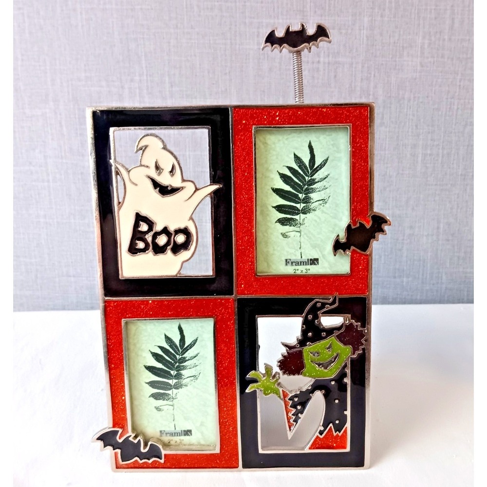 Halloween Double Picture Frame Ghost Witch Bat Glitter Orange Black 2 Photo - Picture 2 of 9